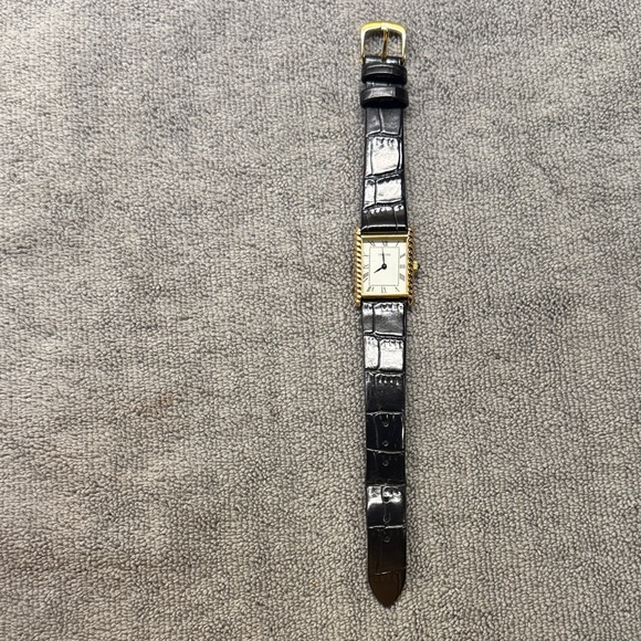 Elegant Black Leather Strap Women's Watch with Gold Rectangular Case